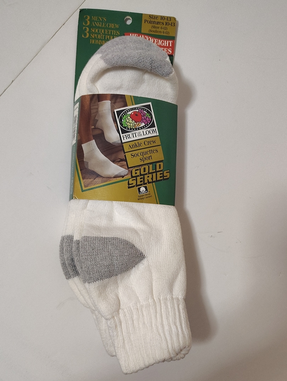 Vtg Fruit of the Loom White Ankle Crew Socks with Gray Accents -Gold Series -3pk